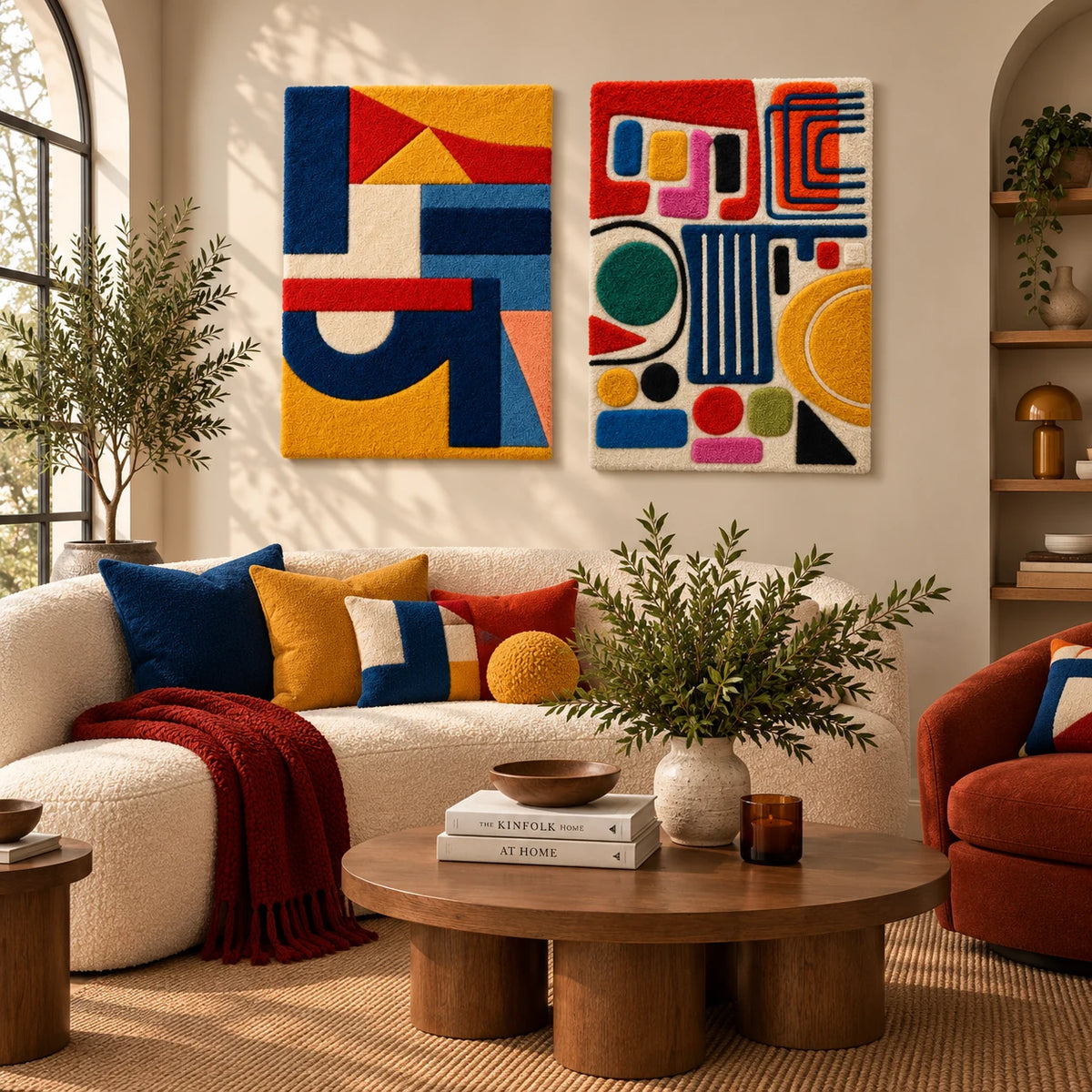 Primary Arc Construction × Primary Shape Parade paired wool wall art in a styled room — Primary Shape Dialogues