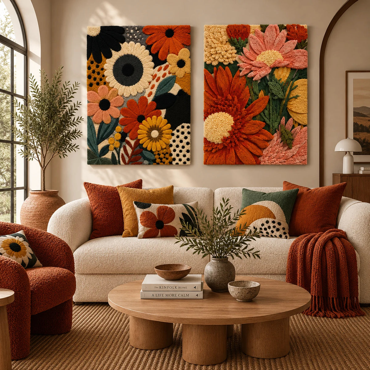 Luminous Iris × Marigold Garden paired wool wall art in a styled room — Warm Bloom Abundance