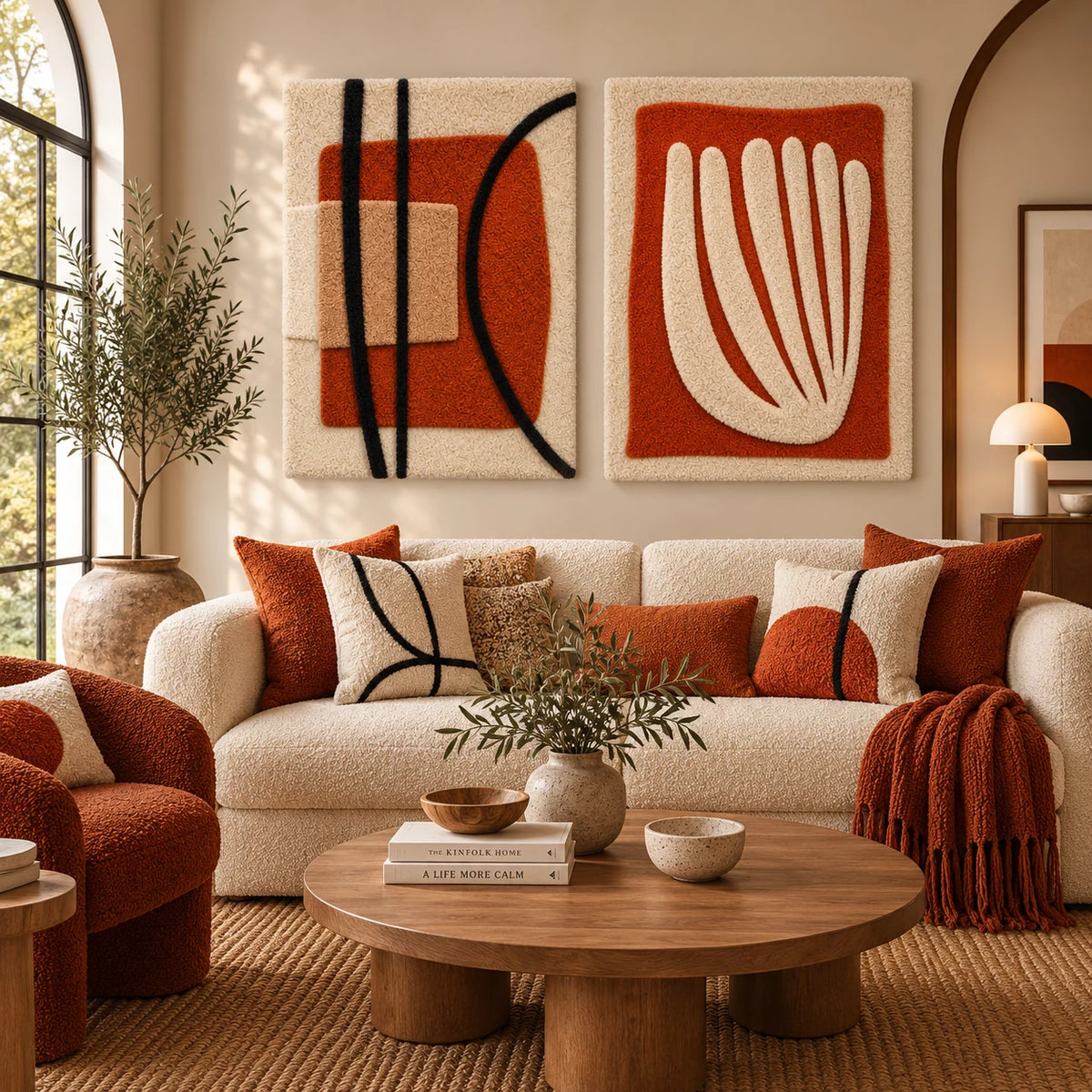 Black Arc over a Clay Square × Ivory Fan on a Clay Field paired wool wall art in a styled room — Clay Ivory Fan