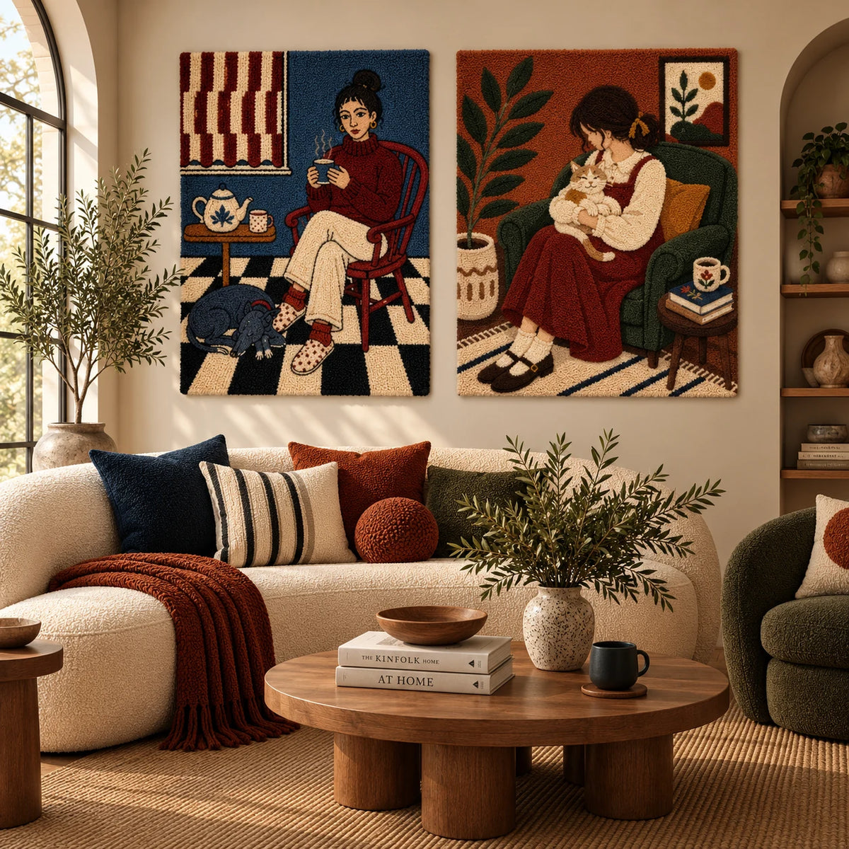 Morning Ritual × Quiet Cat Companion paired wool wall art in a styled room — Coffee and Cat Comfort