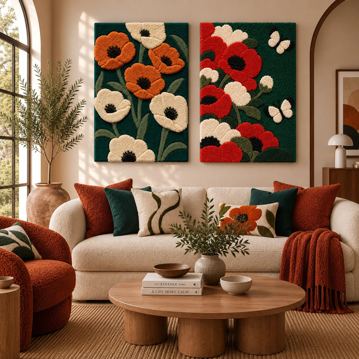 Gilded Bower × Poppies and Ivory Butterflies paired wool wall art in a styled room — Ivory Poppy Gardens