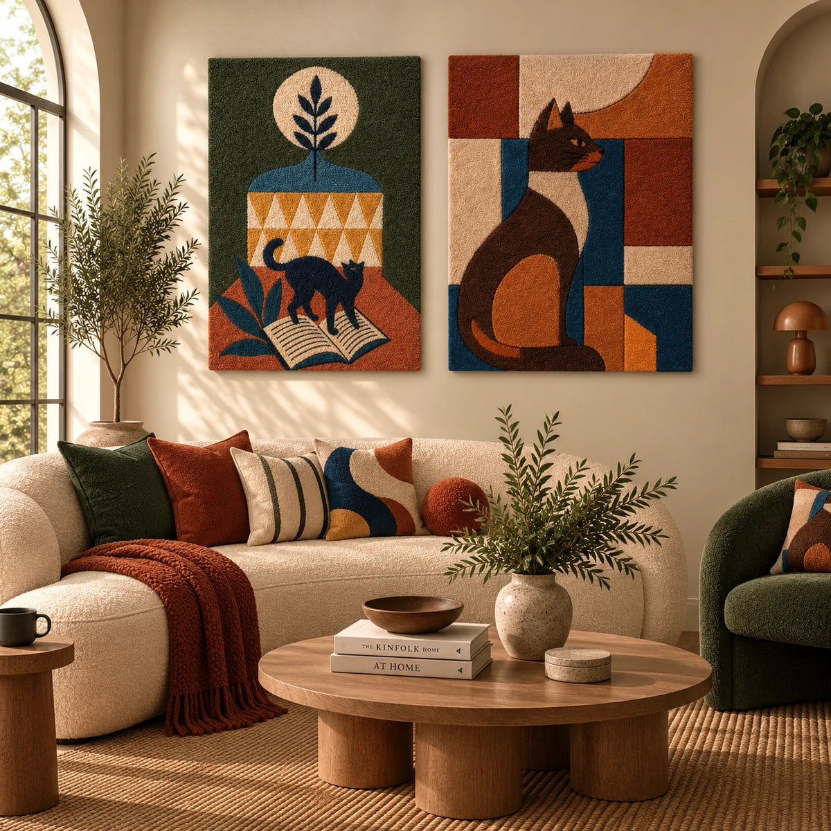 Midnight Cat Urn × Terracotta Cat Blocks paired wool wall art in a styled room — Earthy Cat Silhouettes