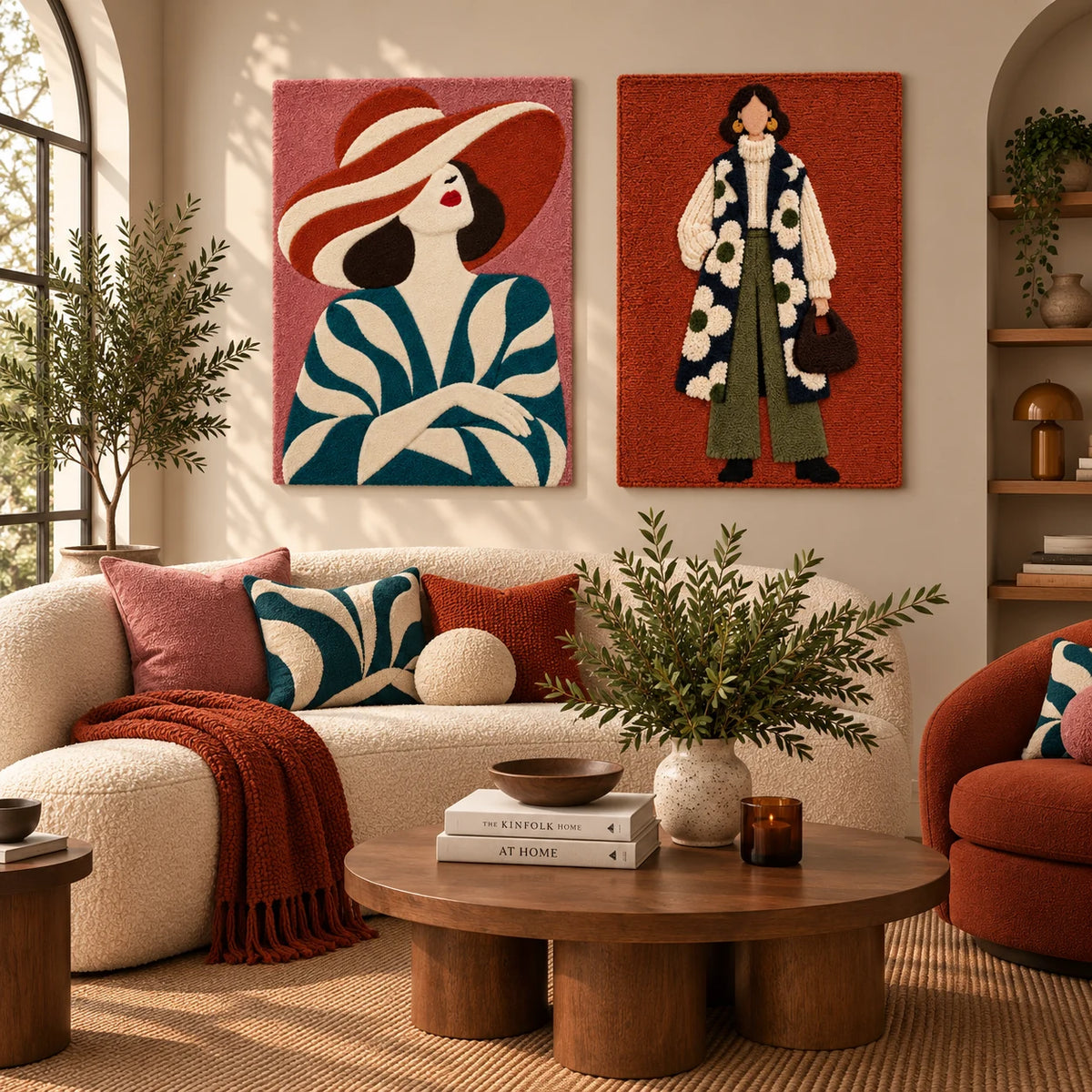 Coral Brim Teal Breeze × Daisy Coat Afternoon paired wool wall art in a styled room — Rust Floral Elegance