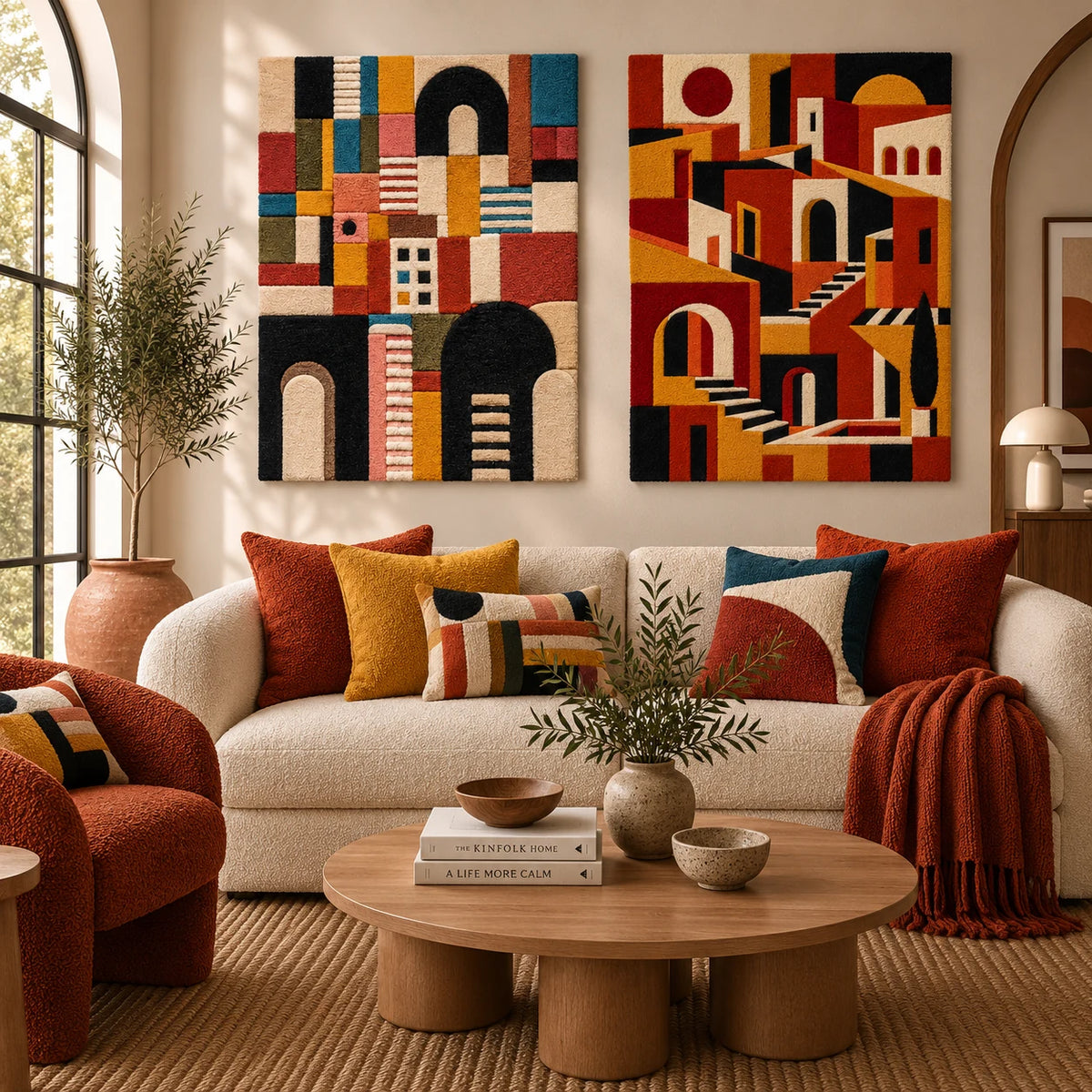 Night Stair × Terracotta Stairway City paired wool wall art in a styled room — Sunlit City Rhythms