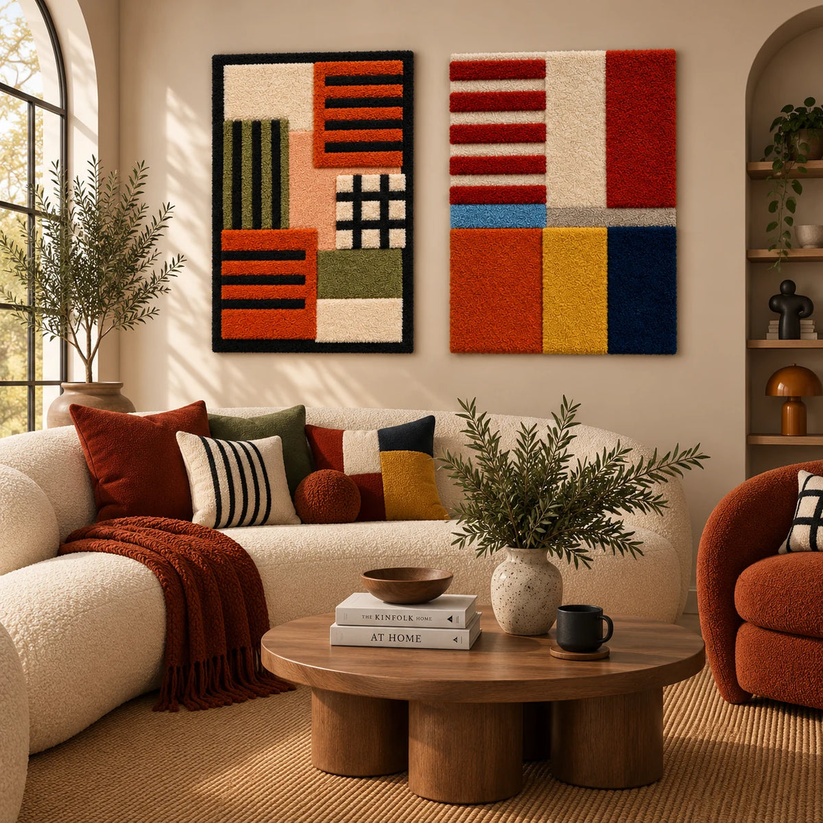 Autumn Grid Cabinet × Crimson Ladder with Primary Blocks paired wool wall art in a styled room — Warm Grid Cadence