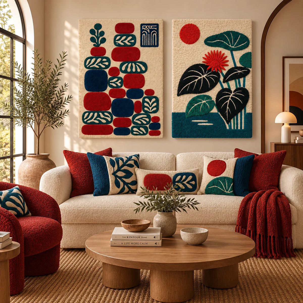 Botanical Pebble Stack × Crimson Pond Blossom paired wool wall art in a styled room — Crimson Garden Signals