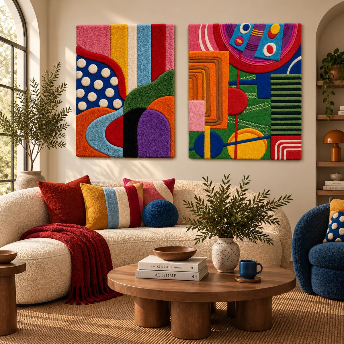 Carnival Curves and Ivory Dots × Electric Carnival Geometry paired wool wall art in a styled room — Carnival Shape Rhythms