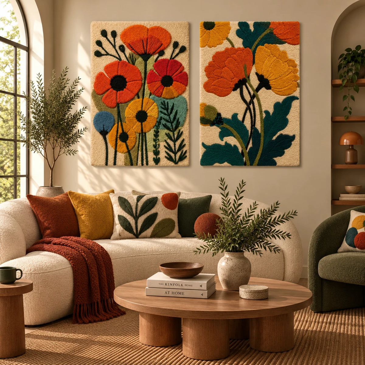 Gilded Orchard × Luminous Fable paired wool wall art in a styled room — Golden Meadow Stems