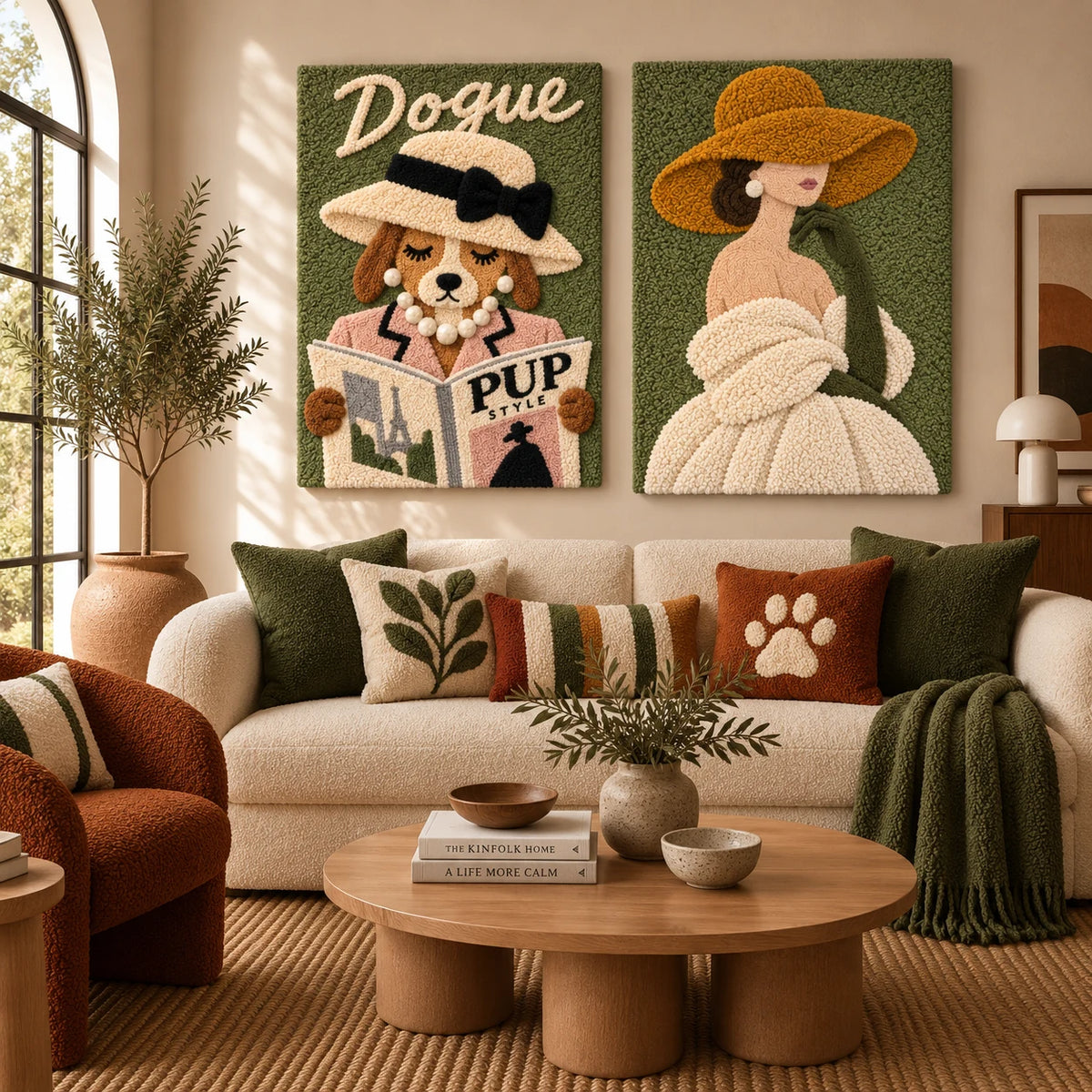 Dogue Reader in Sage × Olive Afternoon Muse paired wool wall art in a styled room — Sage Sunday