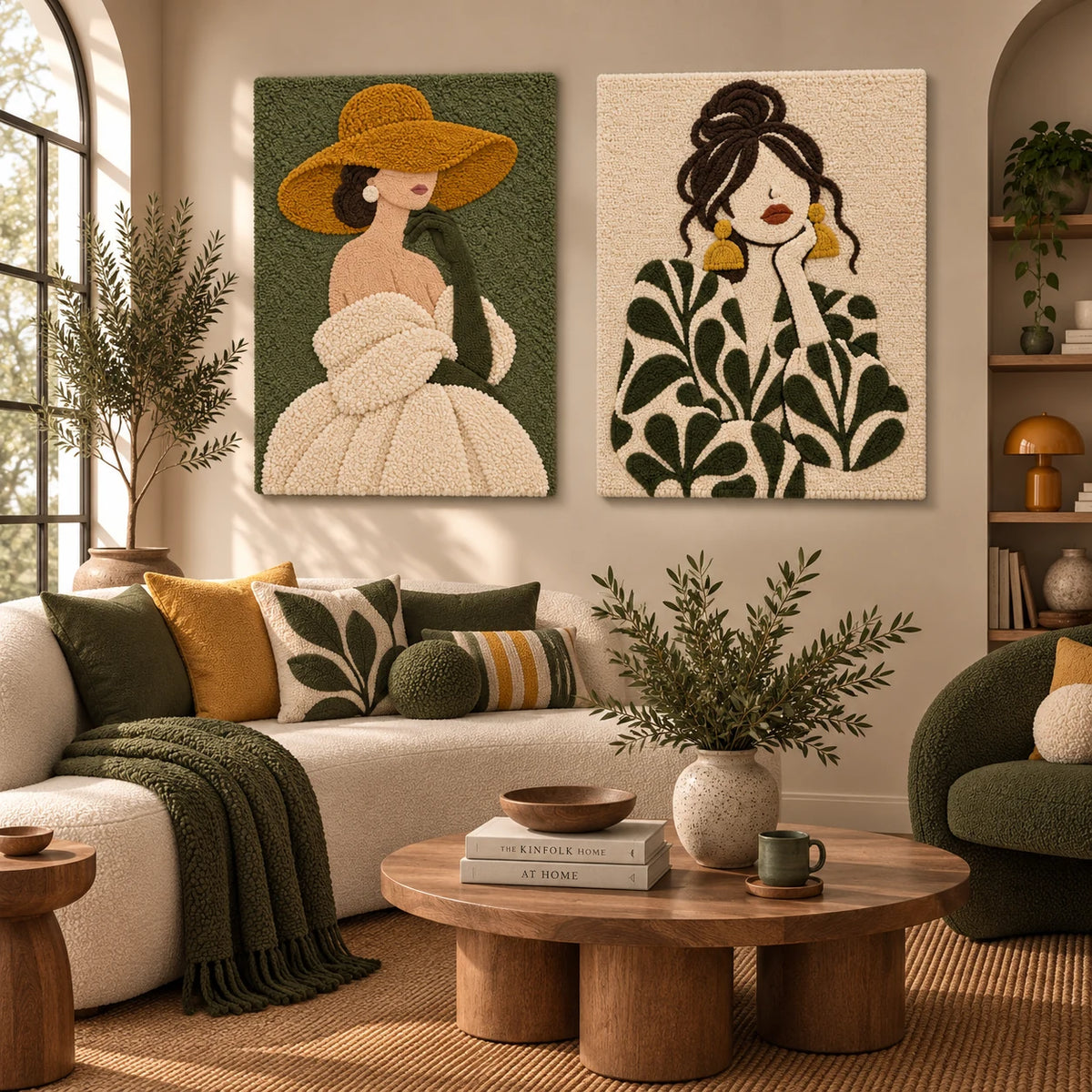 Olive Afternoon Muse × Olive Leaf Daydream paired wool wall art in a styled room — Olive Quiet