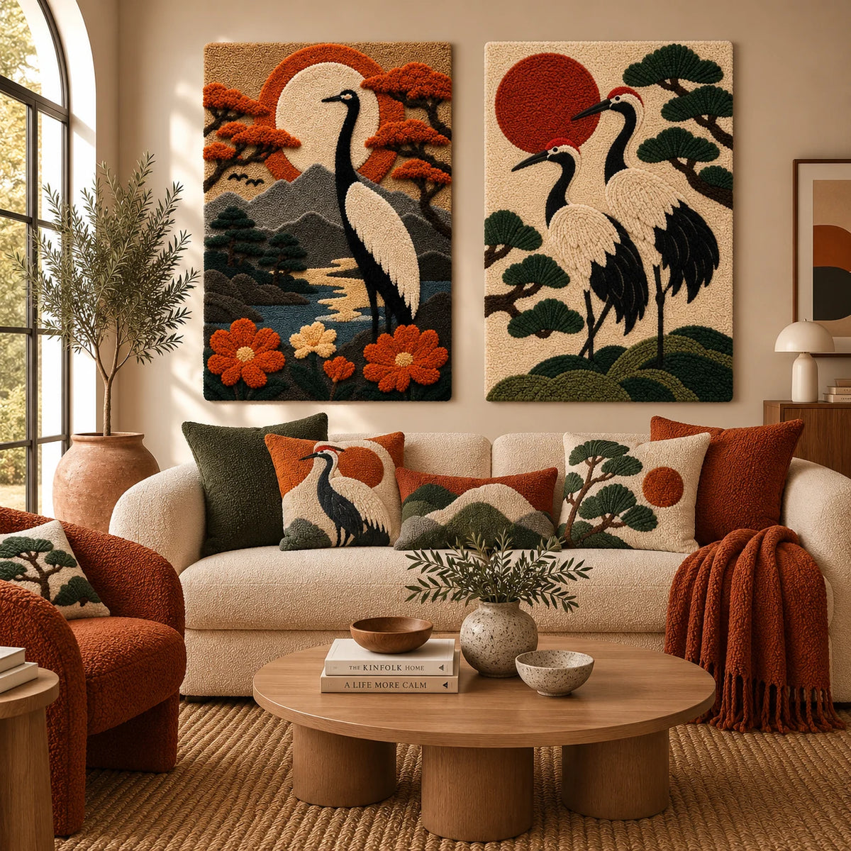 Ember Koi × Cranes under a Vermilion Sun paired wool wall art in a styled room — Cranes at Dusk
