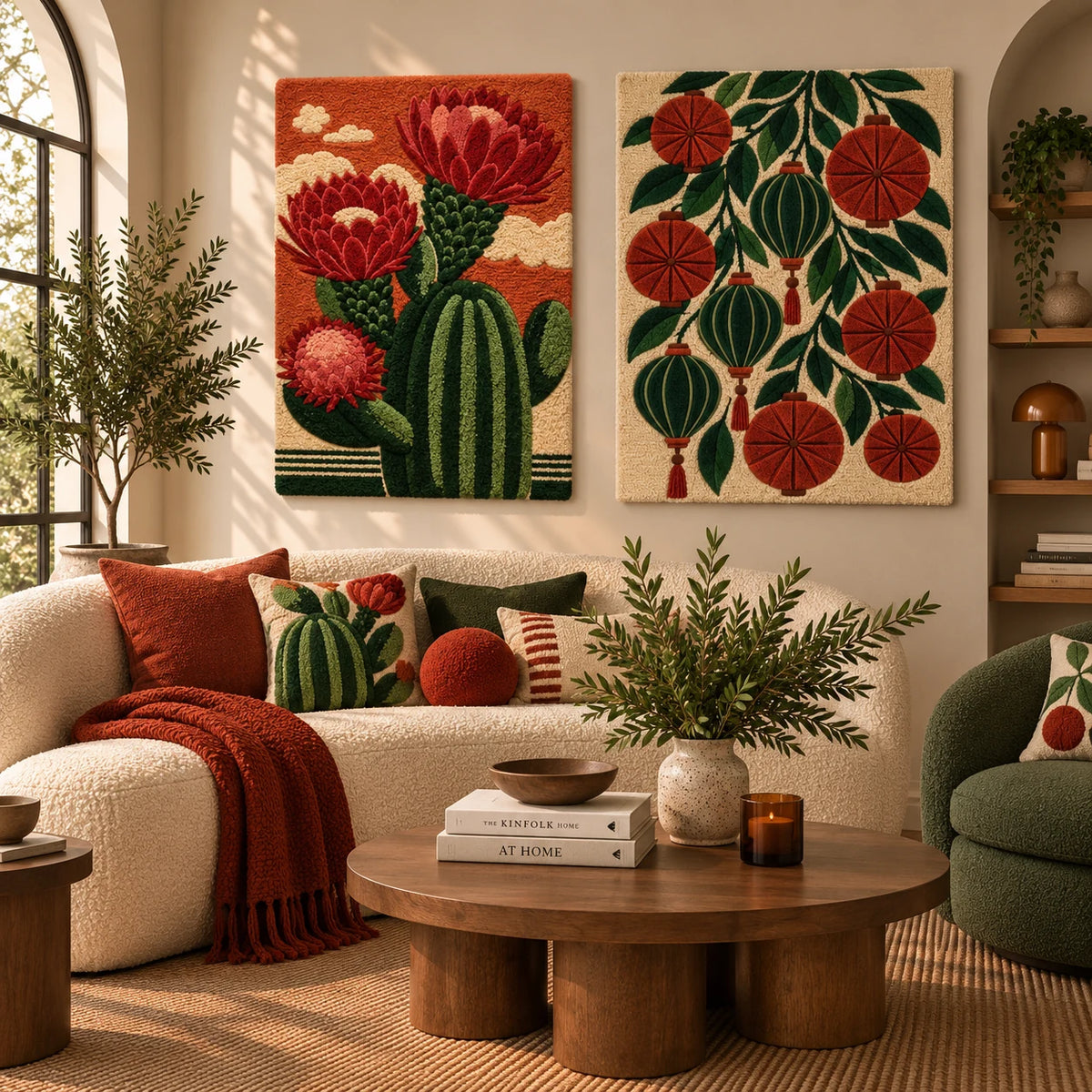 Afterglow Willow × Lanterns in the Evergreen Boughs paired wool wall art in a styled room — Ember Garden