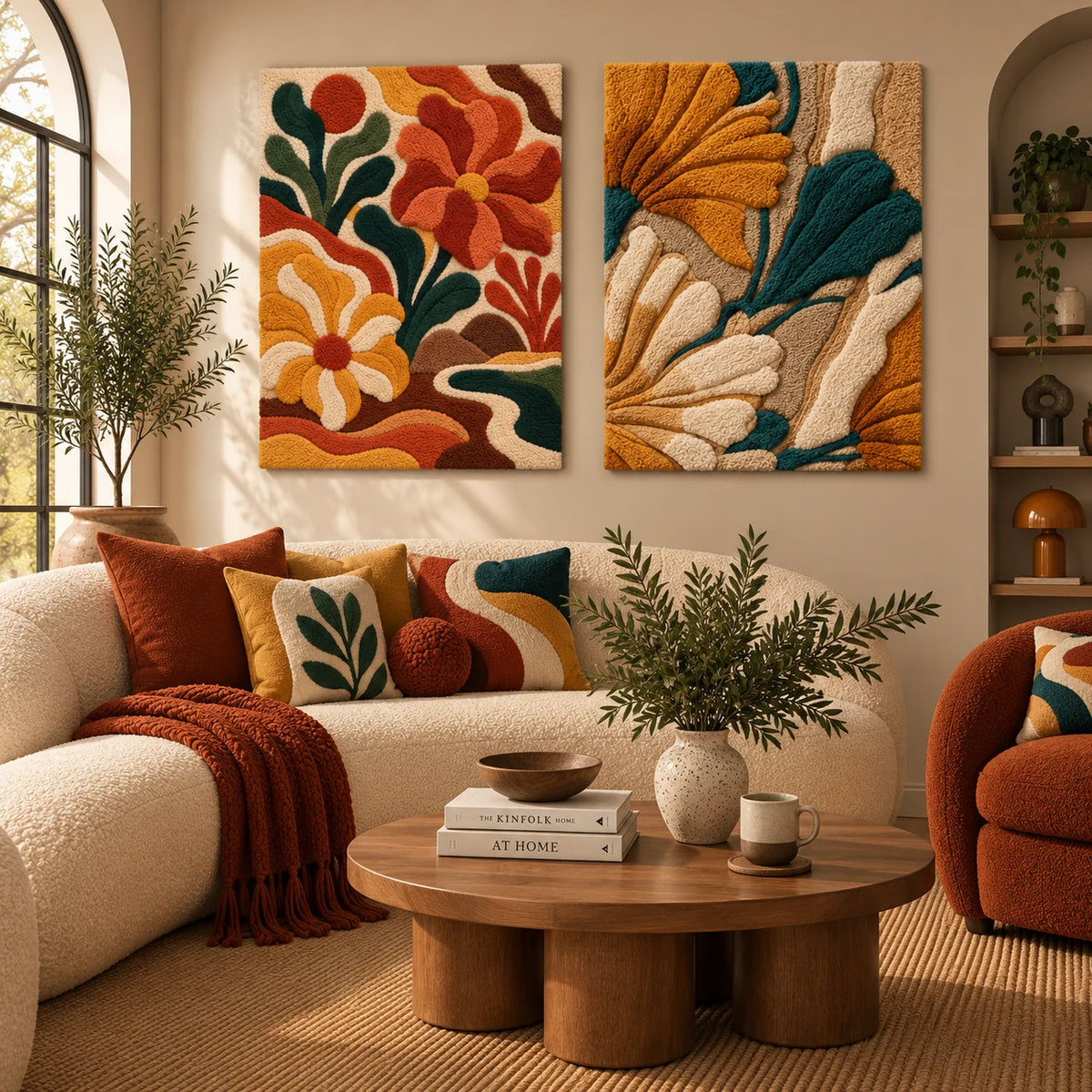 Emberflower Reverie × Ginkgo Ochre & Teal paired wool wall art in a styled room — Golden Petals