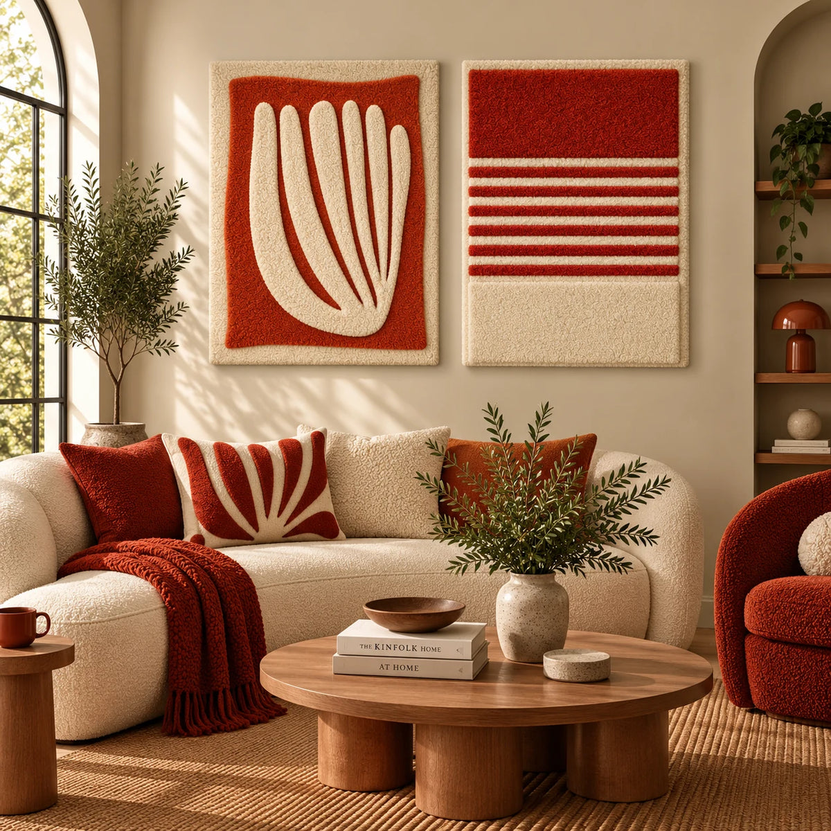 Ivory Fan on a Clay Field × Patchwork Grid paired wool wall art in a styled room — Ivory Pulse