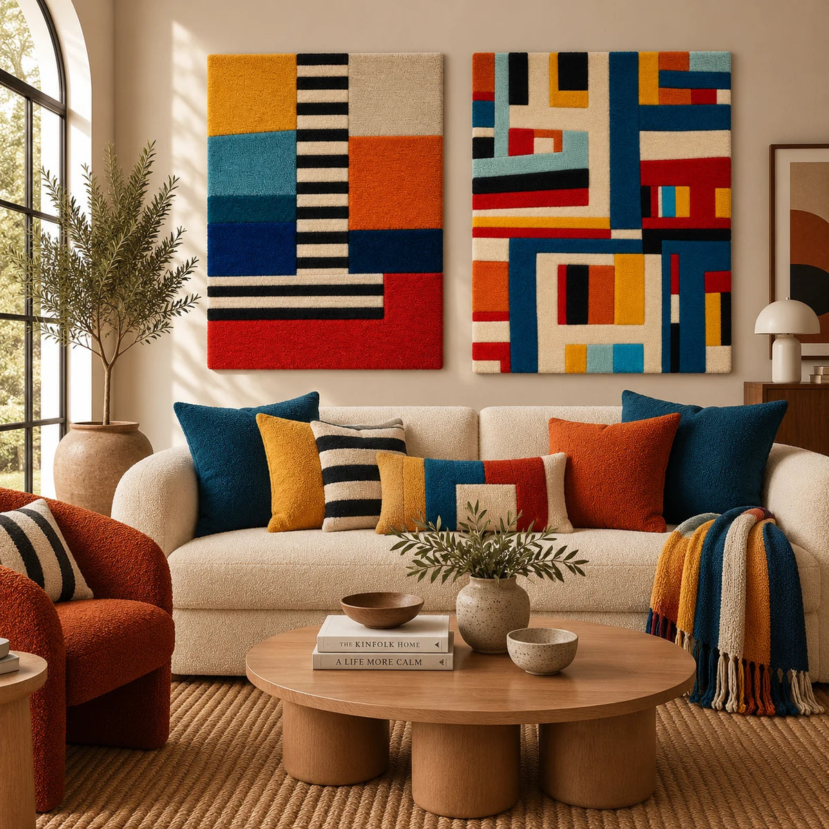 Primary Blocks with a Striped Spine × Primary Grid Intersections paired wool wall art in a styled room — Primary City Rhythm
