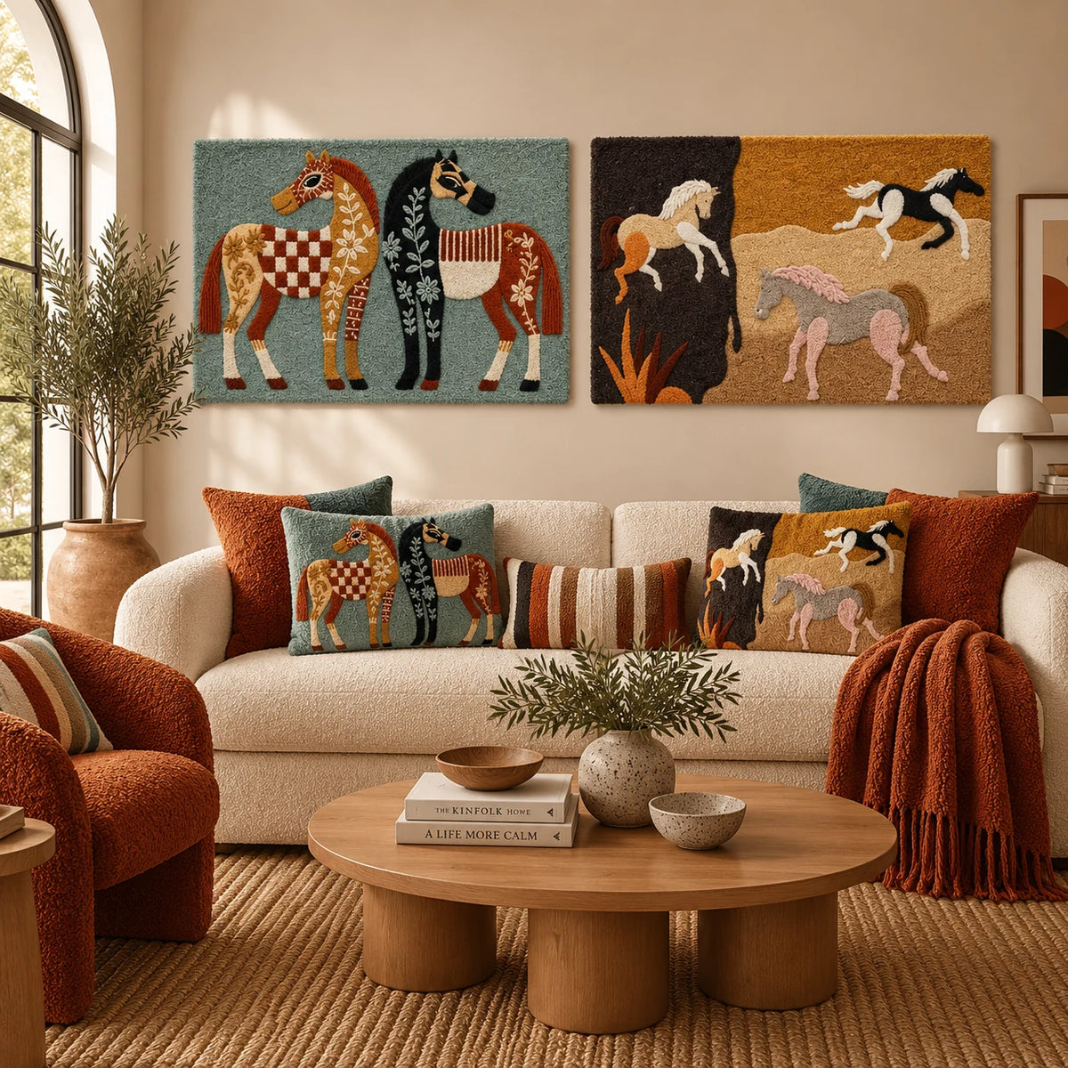 Cinder Quarry × Meadow Procession paired wool wall art in a styled room — Painted Horses