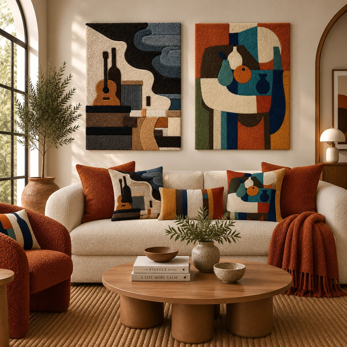 Cubist Still Life × Totem Still Life paired wool wall art in a styled room — Studio Shape Dialogues