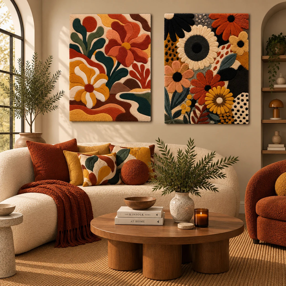 Emberflower Reverie × Luminous Iris paired wool wall art in a styled room — Ember Garden Rhythm