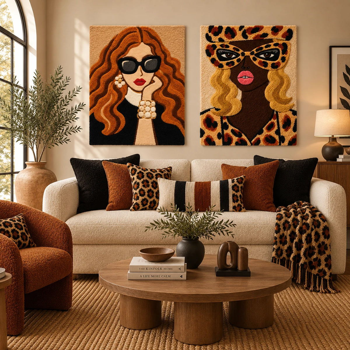 Copper Waves and Pearls × Golden Leopard Masquerade paired wool wall art in a styled room — Copper and Gold