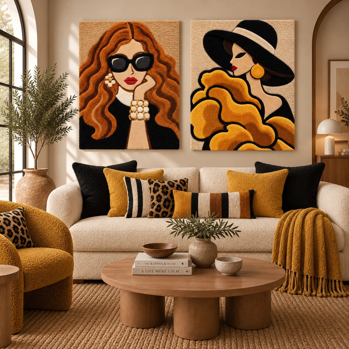 Copper Waves and Pearls × Golden Ruffles beneath Black Brim paired wool wall art in a styled room — Golden Poise