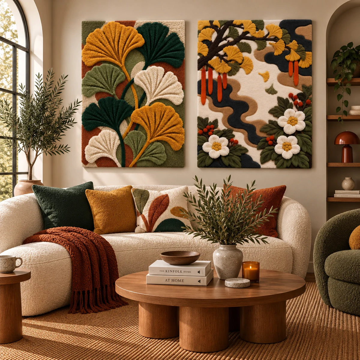 Ginkgo in Gold × Golden Ginkgo Blossom Passage paired wool wall art in a styled room — Golden Ginkgo