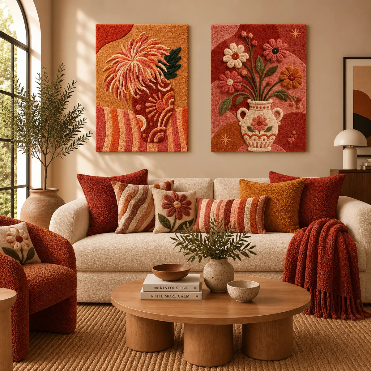 Coral Chrysanthemum × Folk Vase Bouquet paired wool wall art in a styled room — Coral Blossom Table