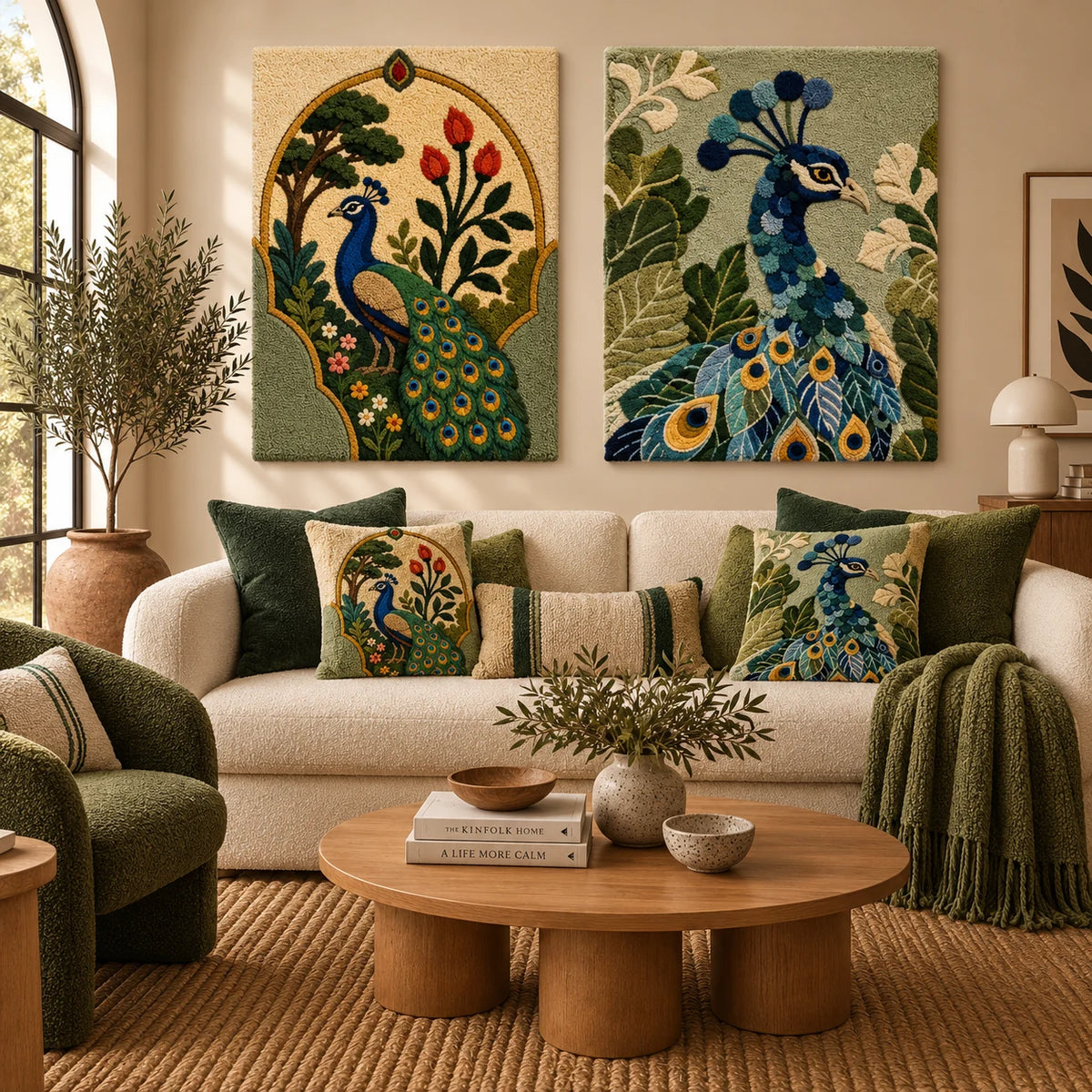 Cinder Wildflower × Cinder Yarrow paired wool wall art in a styled room — Peacock Garden