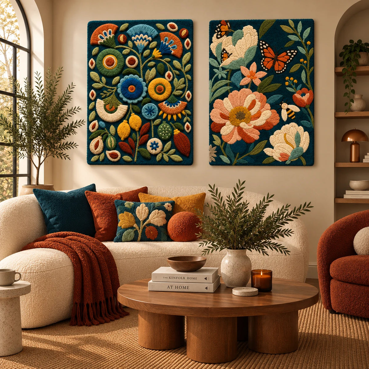 Afterglow Eclipse × Afterglow Bracken paired wool wall art in a styled room — Midnight Flower Stories