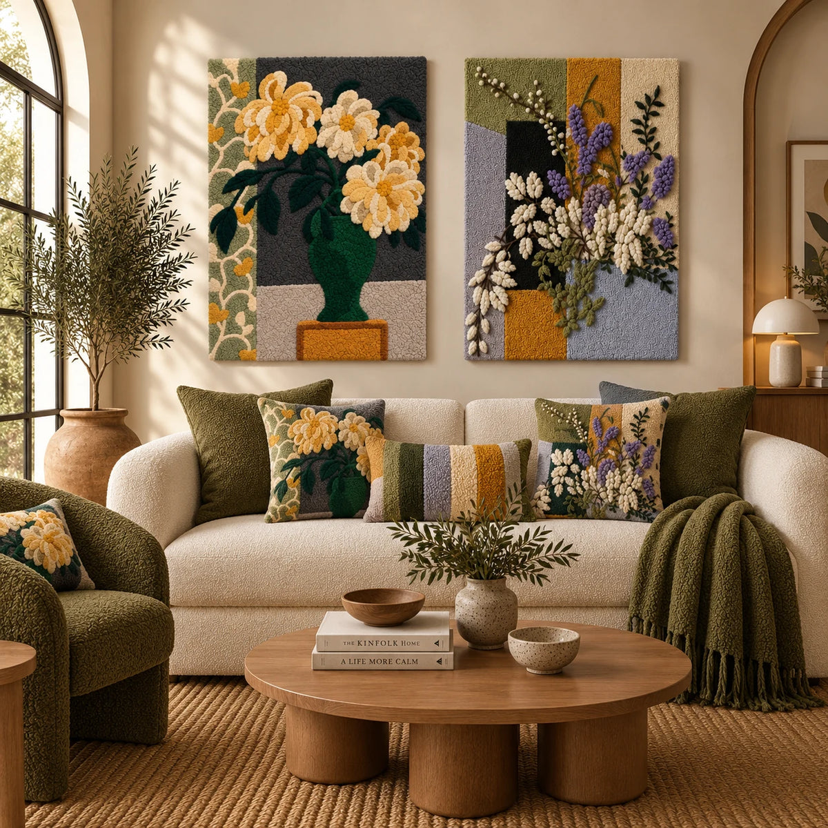 Golden Blooms in an Emerald Urn × Lavender Still Life paired wool wall art in a styled room — Quiet Studio Bouquets