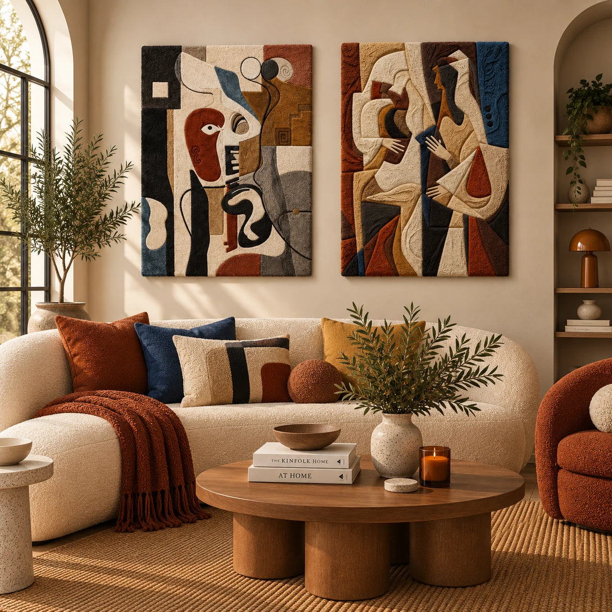 Cubist Face Abstract × Cubist Figures paired wool wall art in a styled room — Cubist Studio Voices