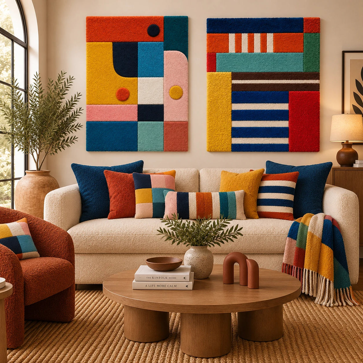 Candy Block Balance × Maritime Block Cadence paired wool wall art in a styled room — Colorblock Cadence
