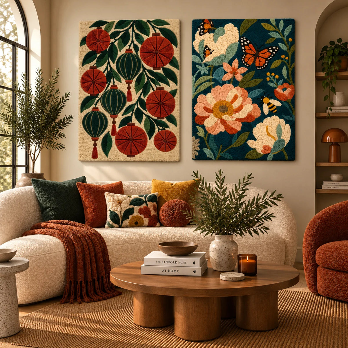 Lanterns in the Evergreen Boughs × Afterglow Bracken paired wool wall art in a styled room — Evergreen Garden