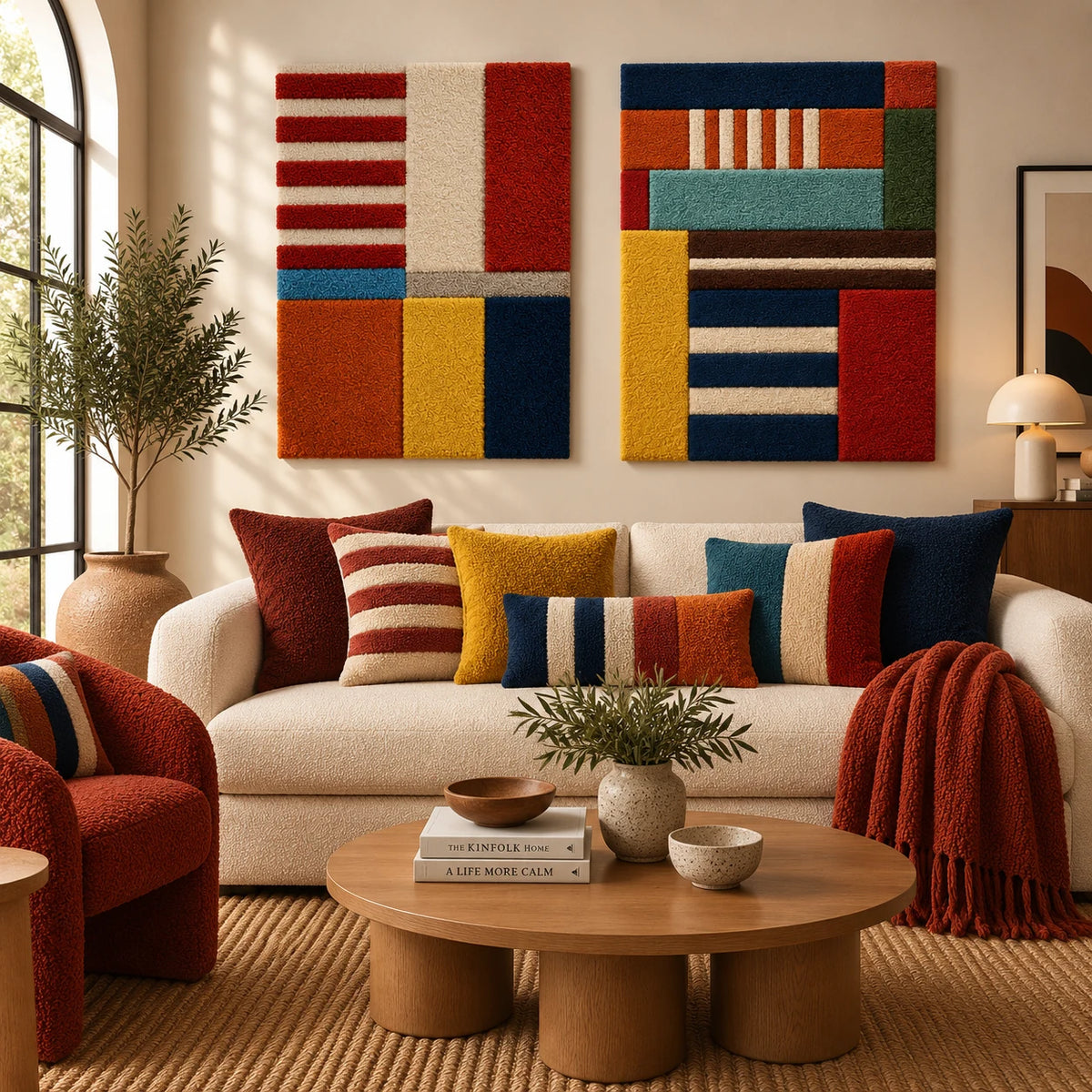 Crimson Ladder with Primary Blocks × Harbor Stripe Architecture paired wool wall art in a styled room — Harbor Cadence