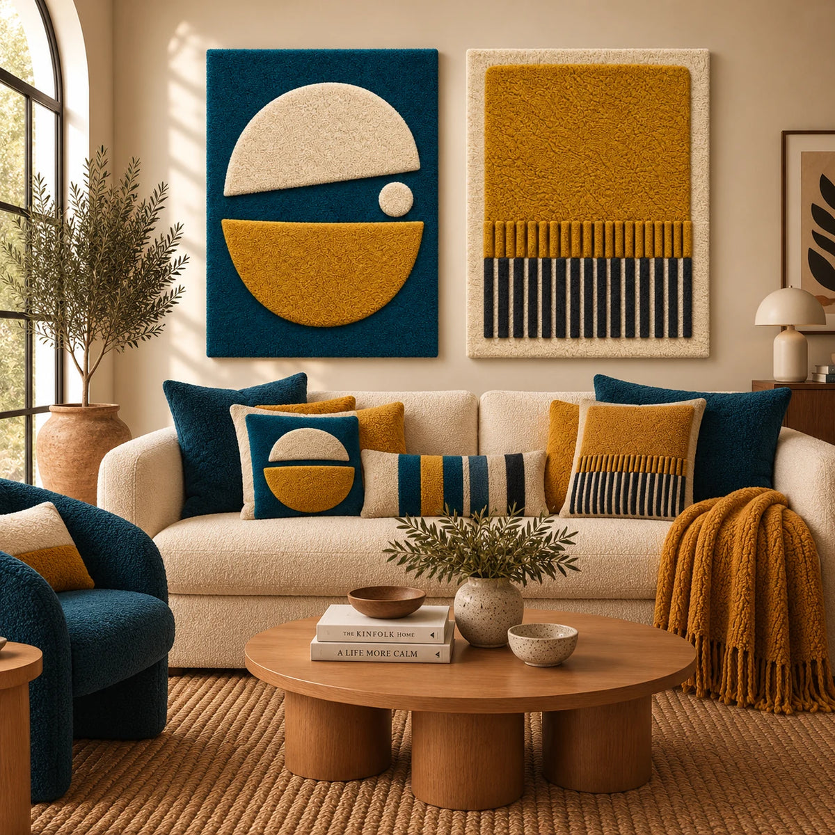 Ochre and Ivory Split Orbit × Saffron Field with Charcoal Fringe paired wool wall art in a styled room — Ochre Orbit