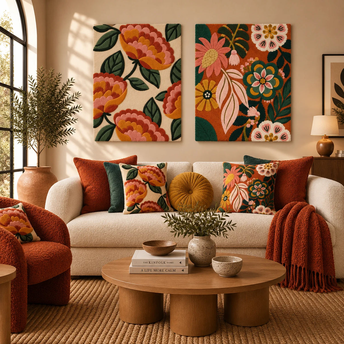 Marigold Ruffle × Terracotta Jardin paired wool wall art in a styled room — Terracotta Petals