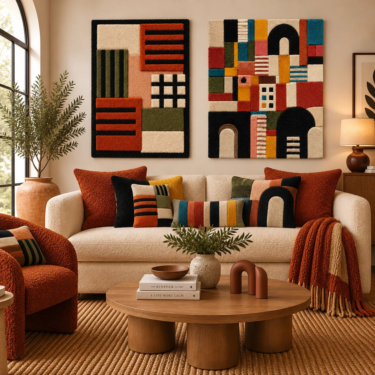 Autumn Grid Cabinet × Night Stair paired wool wall art in a styled room — Autumn City Rhythm