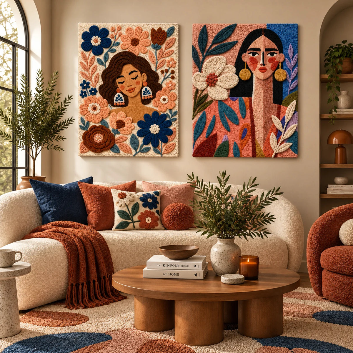 Peach Blossom Reverie × Terracotta Garden Muse paired wool wall art in a styled room — Peach Garden