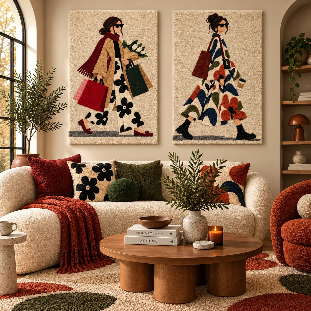 Flowers on the Way Home × The Floral Coat Stroll paired wool wall art in a styled room — Flowers Along the Way