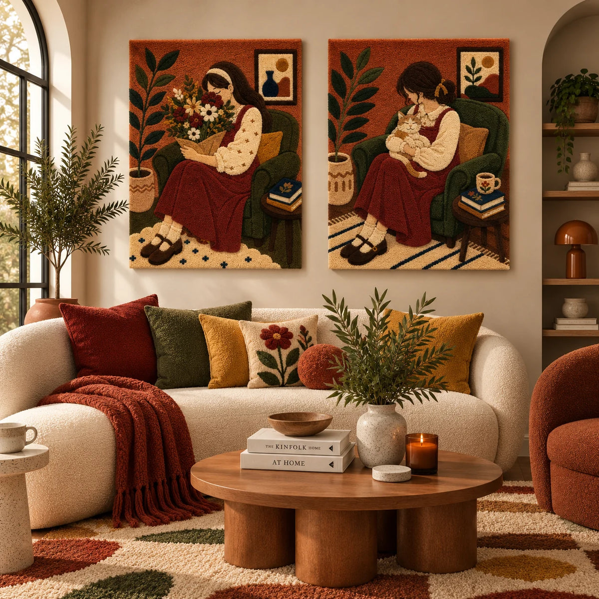 Autumn Bouquet Reader × Quiet Cat Companion paired wool wall art in a styled room — Flowers and Companionship