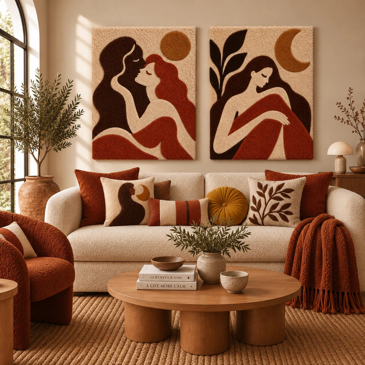 An Embrace Beneath the Ochre Sun × Moonlit Woman in Rust paired wool wall art in a styled room — Sunlit Quiet Moments