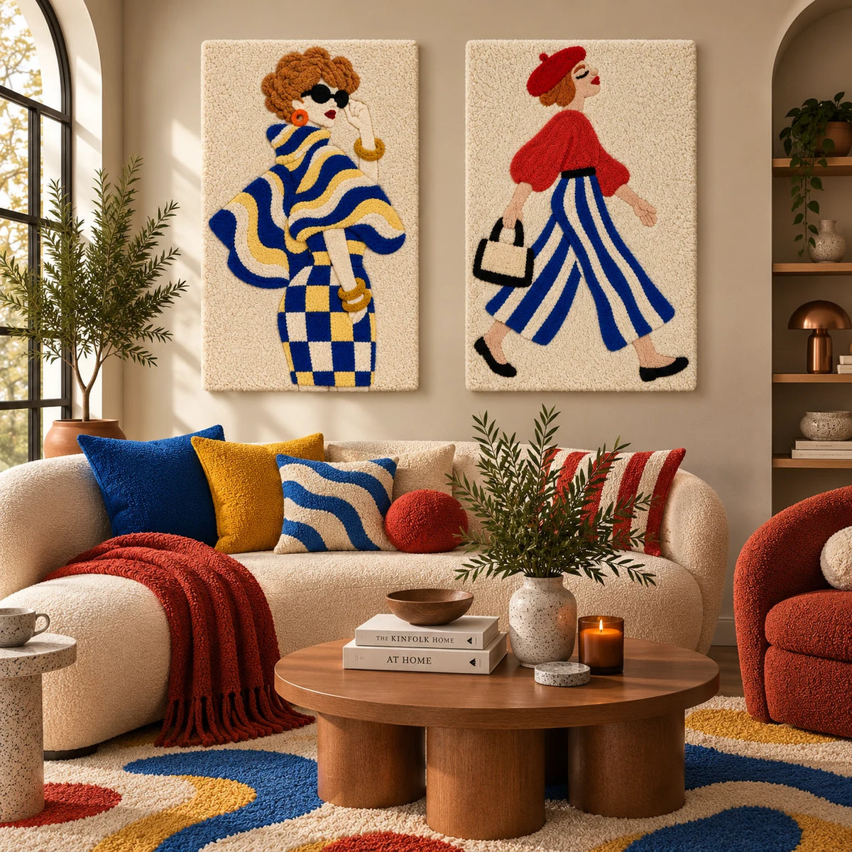 Cobalt Waves and Golden Checks × Parisian Stride paired wool wall art in a styled room — Cobalt City Rhythm
