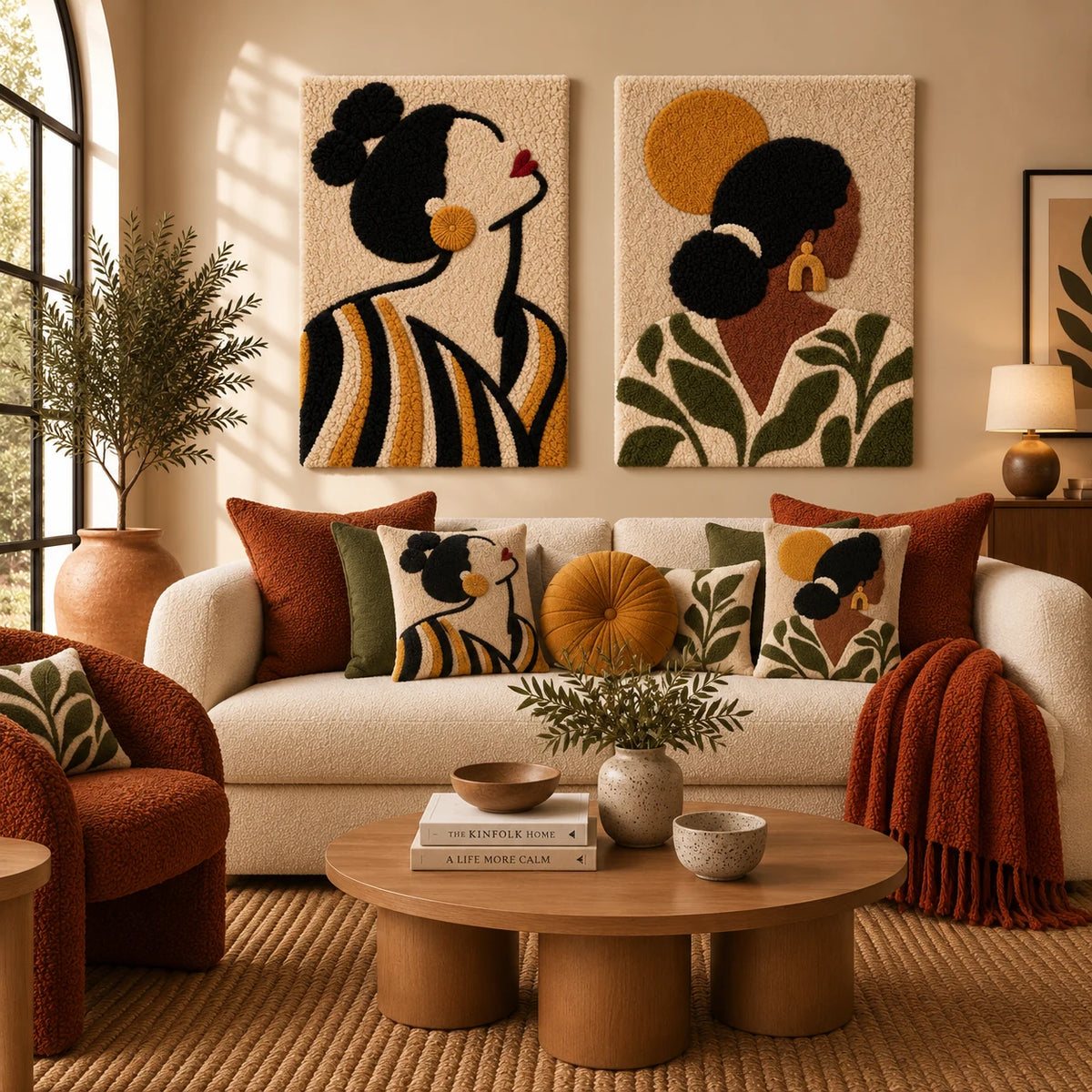 Golden Stripe Profile × Olive Muse at Sundown paired wool wall art in a styled room — Olive and Golden Poise