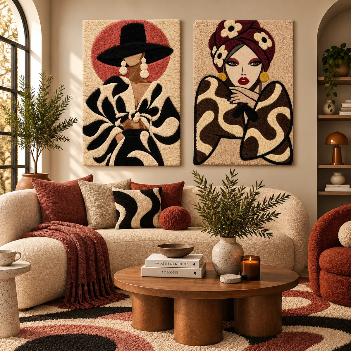 Blush Halo Graphic Bow × Burgundy Turban Muse paired wool wall art in a styled room — Bow and Burgundy Elegance