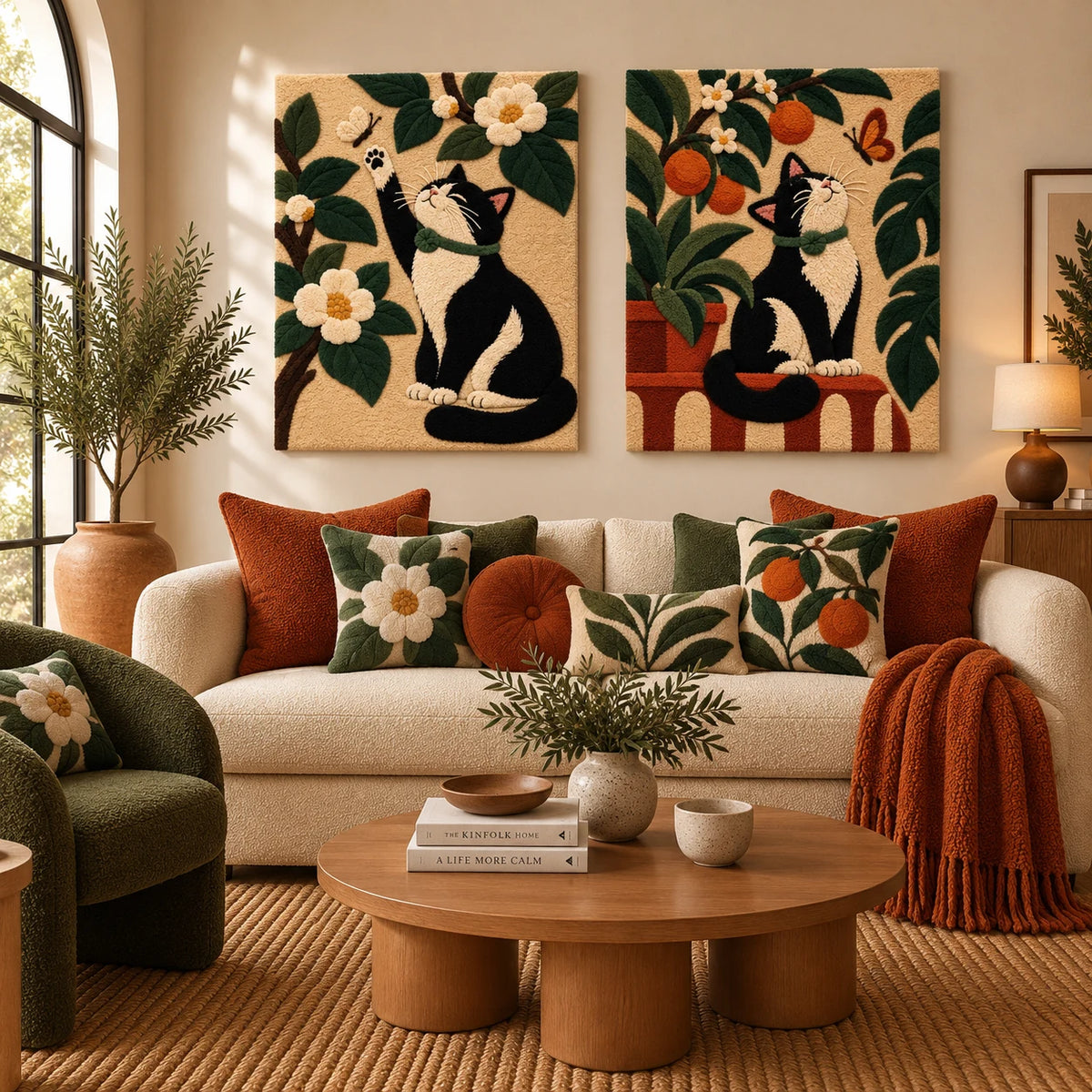 Cat Reaching for a Butterfly × Orange Grove Catwatch paired wool wall art in a styled room — Orange Grove Butterflies
