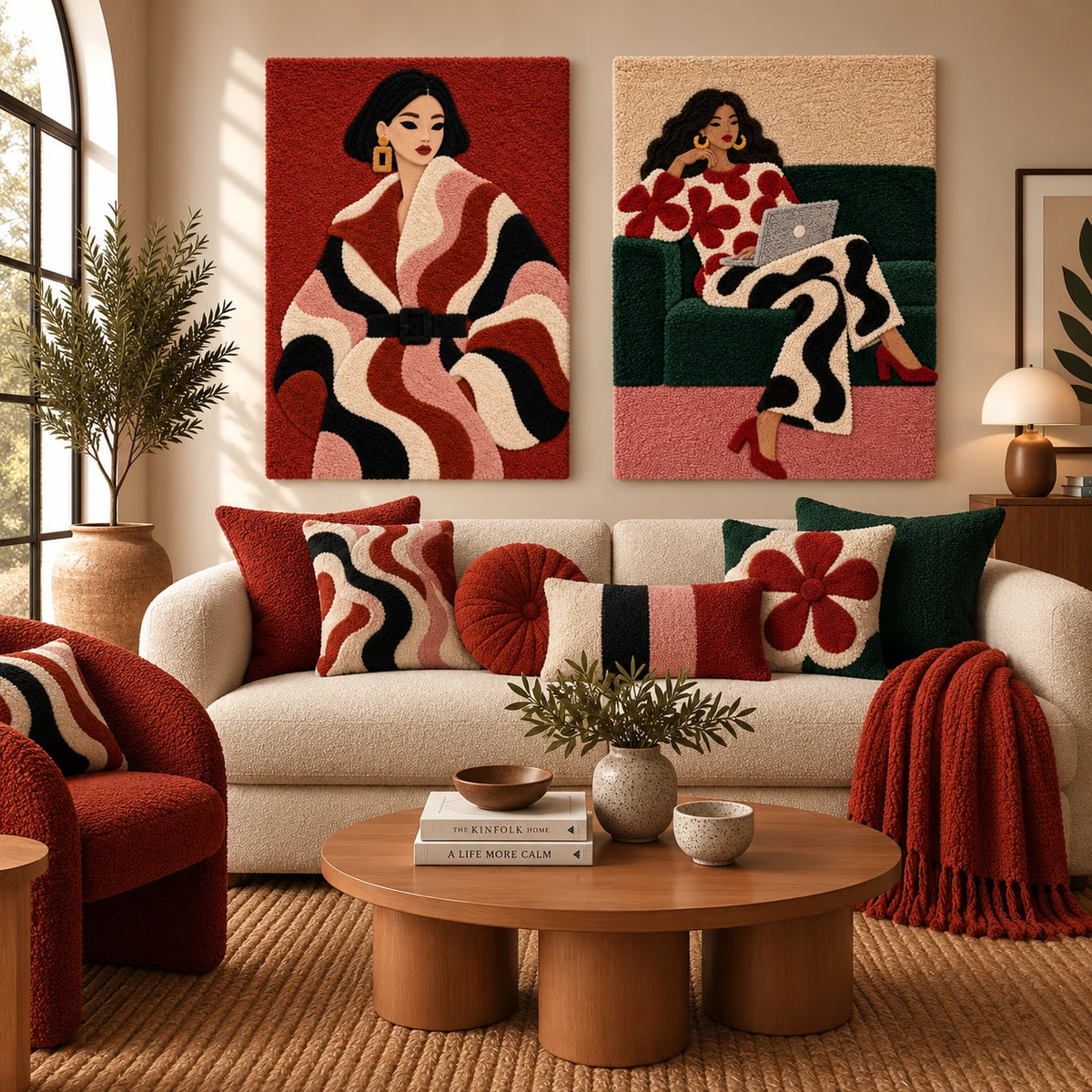 Scarlet Ribbon Coat × The Patterned Workday paired wool wall art in a styled room — Patterned Everyday Elegance