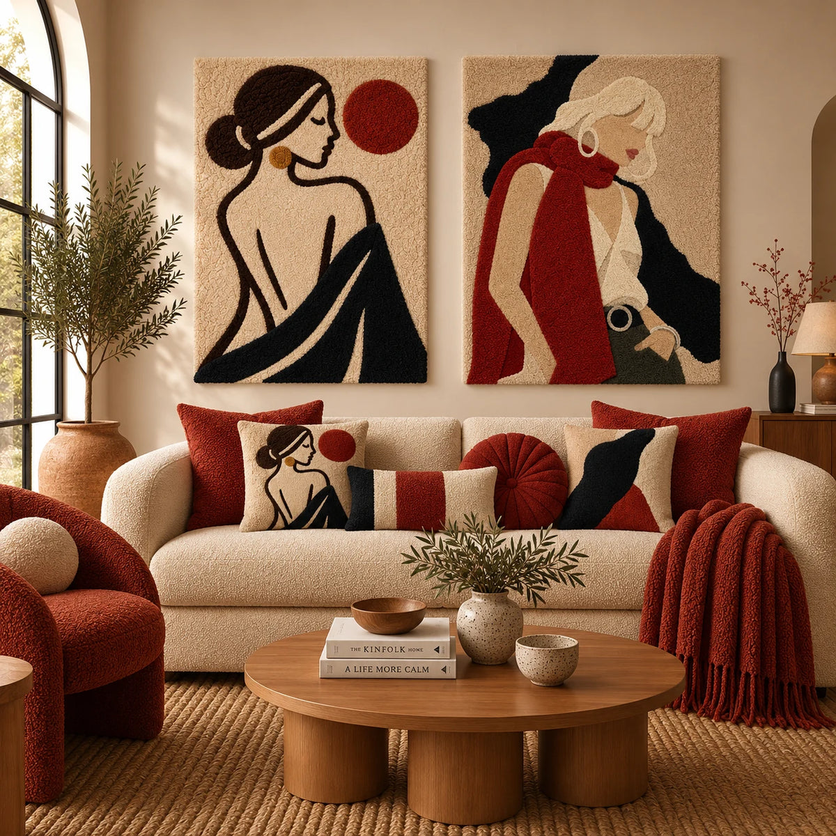 Rust Halo Reverie × Scarlet Scarf Quiet Pose paired wool wall art in a styled room — Rust and Quiet Contours