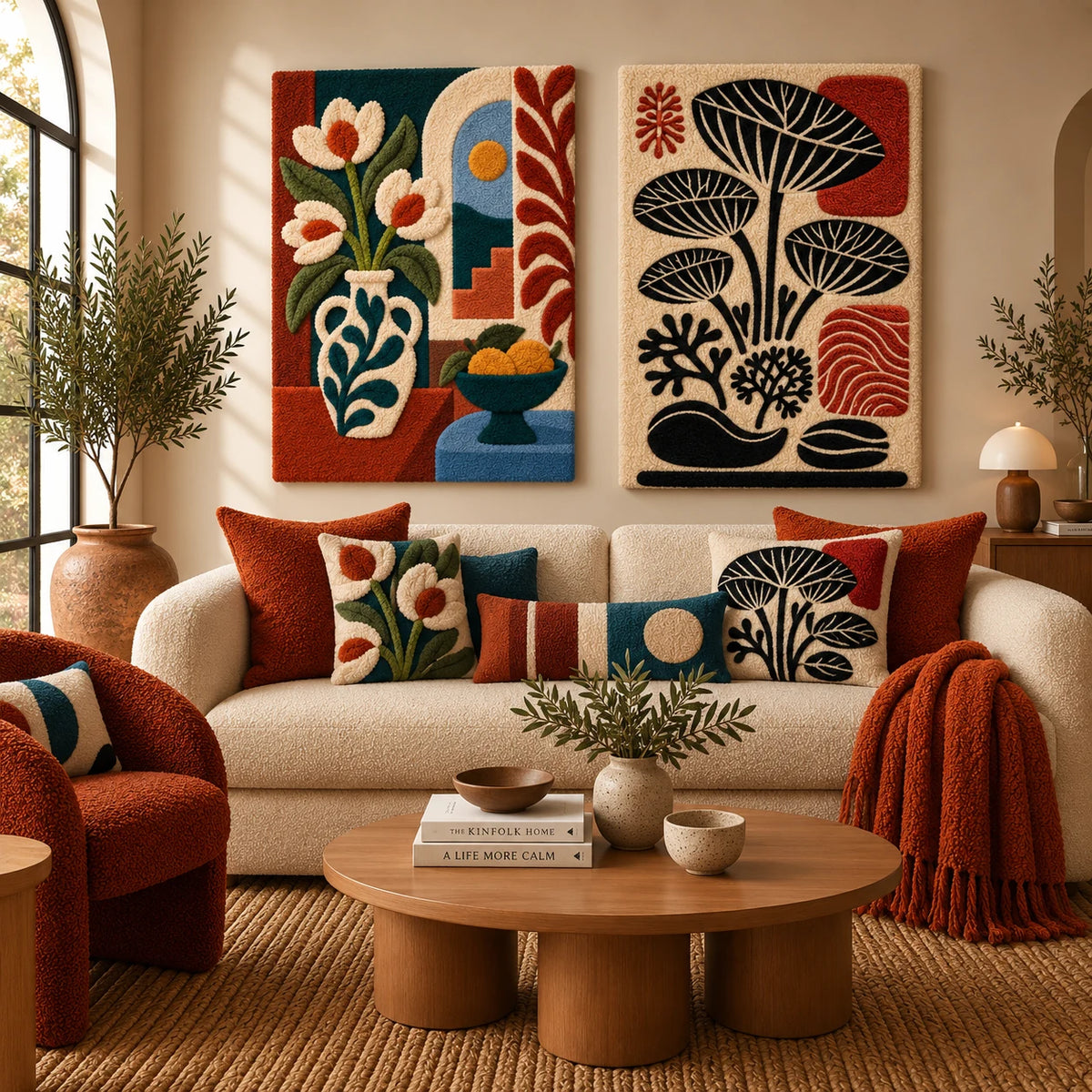 Magnolia at the Sunlit Arch × Scarlet Botanical Vessels paired wool wall art in a styled room — Scarlet Botanical Table