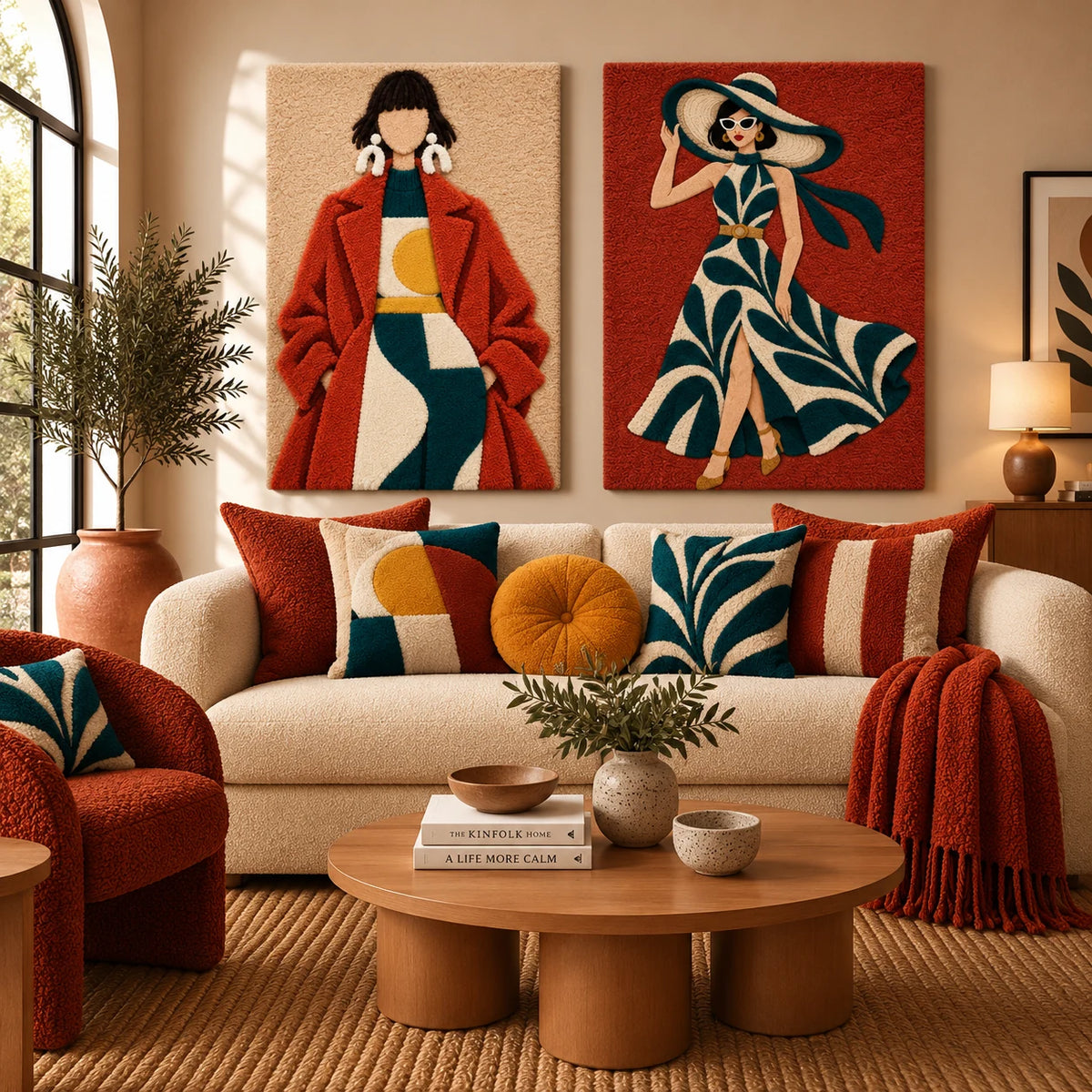 Rust Coat Geometric Grace × Terracotta Seaside Promenade paired wool wall art in a styled room — Rust Leaf Grace