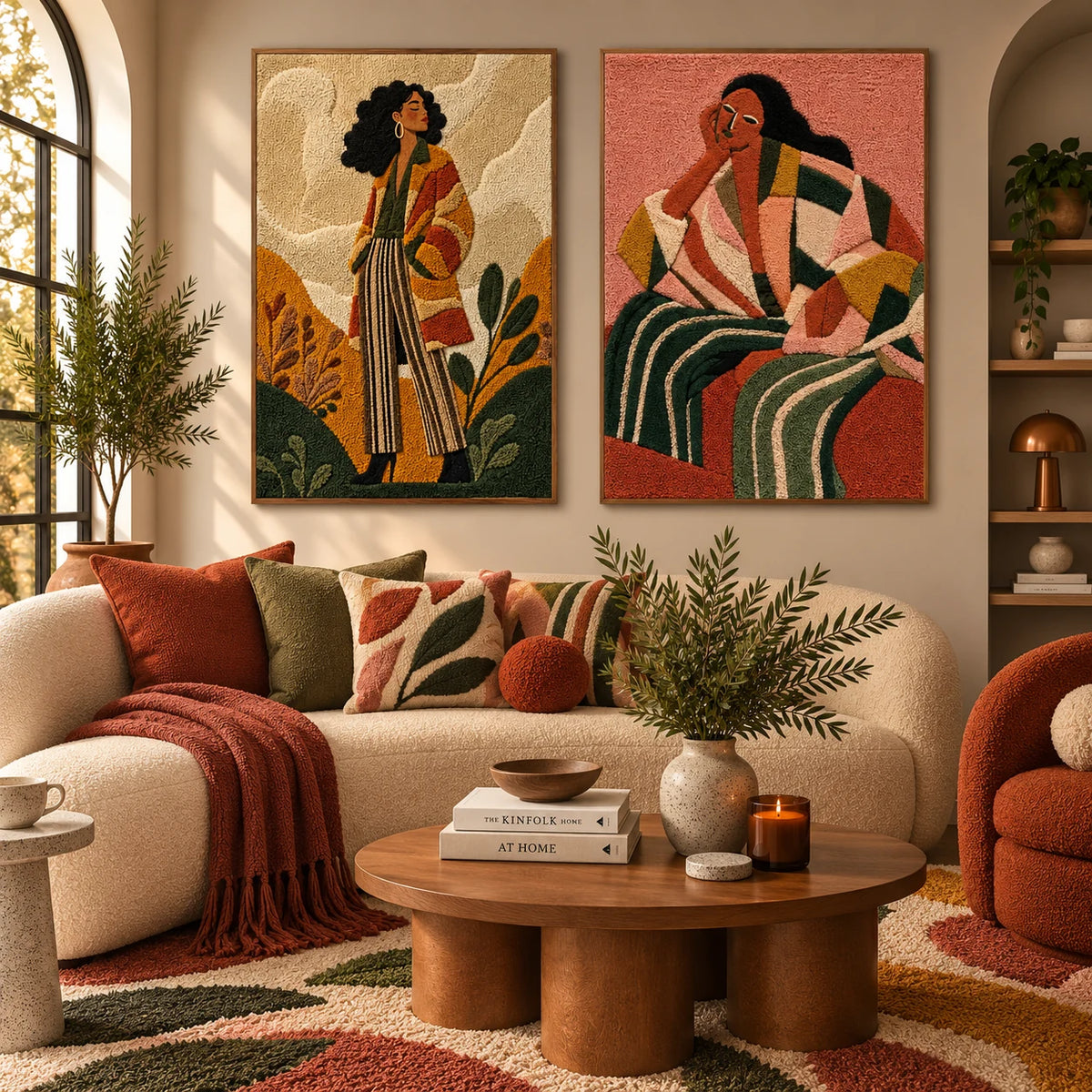 Afterglow Embankment × Afterglow Koi paired wool wall art in a styled room — Earth Striped Ease