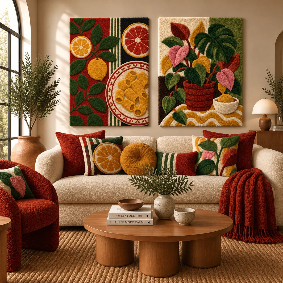 Afterglow Iris × Tropical Leaves and Lemon Bowl paired wool wall art in a styled room — Tropical Table Harvest